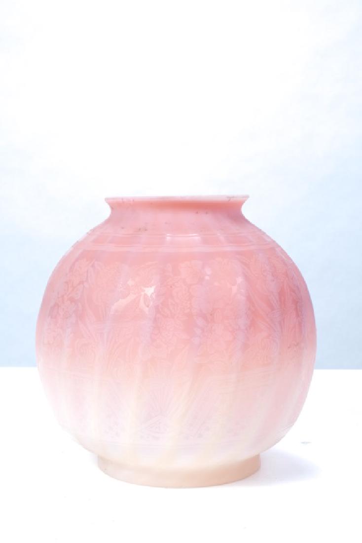 PEACH GLASS FLUID LAMP SHADE: Beautifully graduating from peach to opalescent. Swirled ribs and acid etched with bouquets of flowers and diaper pattern. 9 inches with 5 1/4 inch fitter)