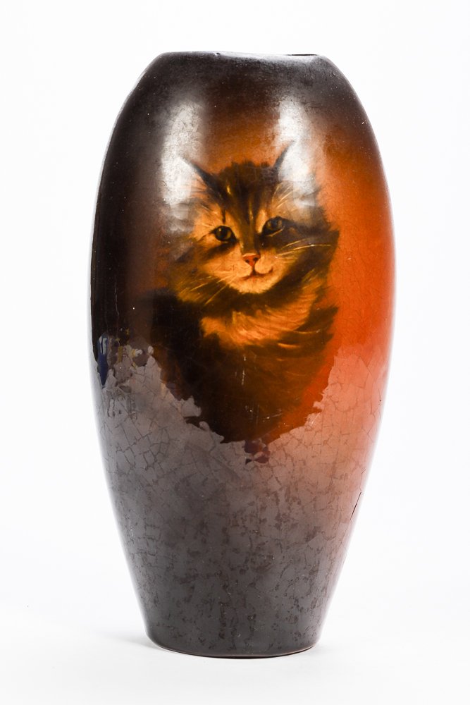 OWENS UTOPIAN POTTERY VASE PAINTED w/ KITTEN: Signed. 10 1/2 inches.