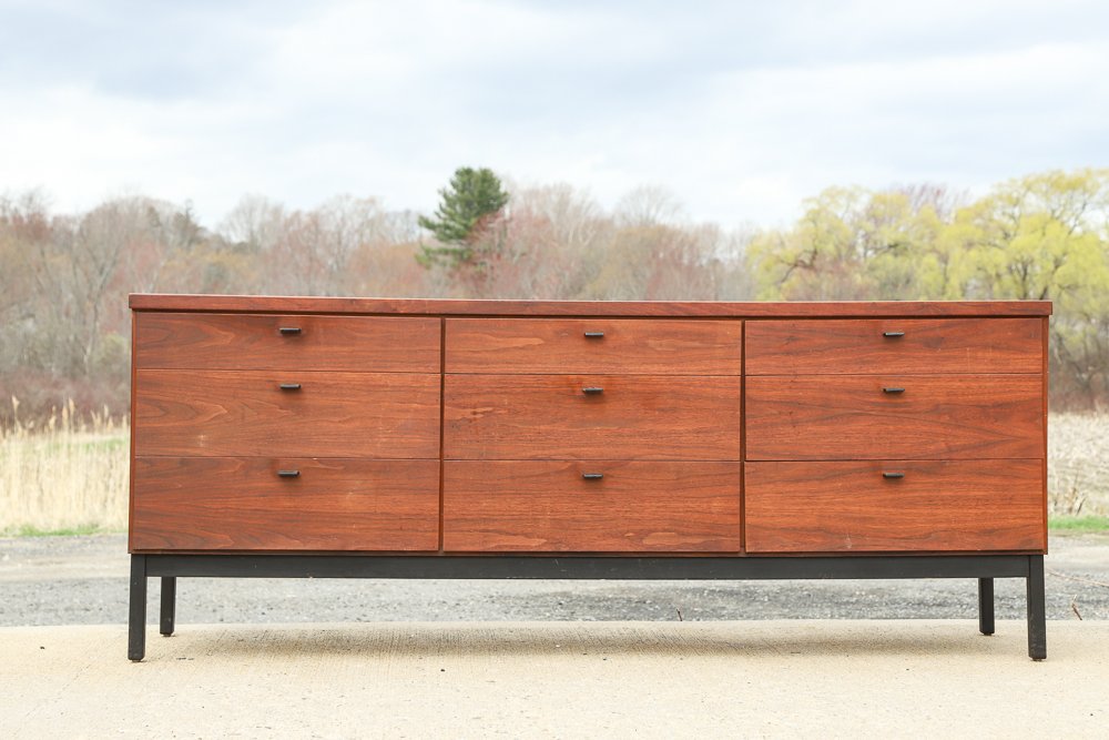 RAPIDS FURNITURE COMPANY MID CENTURY CREDENZA: Nine drawer credenza fixed to metal base. 31 x 78 x 18 inches