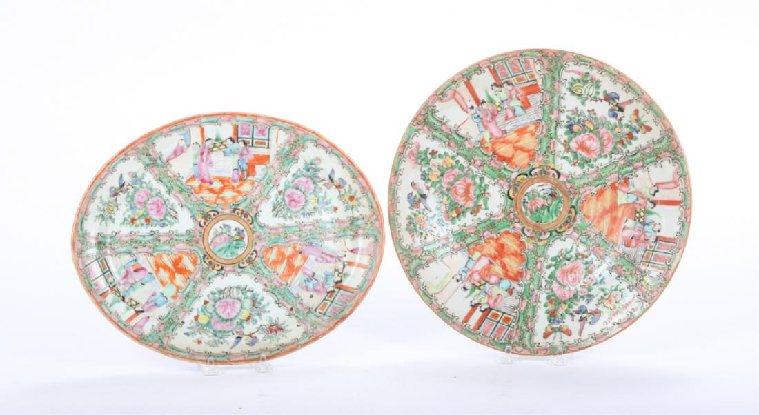 OVAL and ROUND ROSE MEDALLION PLATTER/ CHARGER: Marked made in China. 11 x 13 1/2 inches and 13 inches (diameter)
