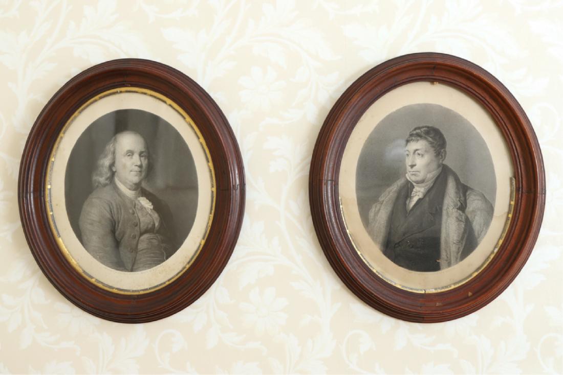VICTORIAN ENGRAVINGS OF FRANKLIN & LAYFAYETTE: Of Franklin and Layfayette after portraits by Ary Scheffer(Dutch-French d. 1858) in period oval walnute frames. 14 x 13 inches (each)