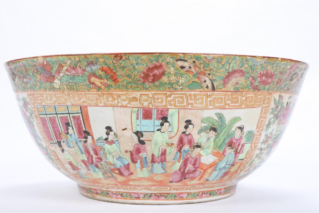 ROSE MEDALLION PUNCH BOWL: Panels of court scenes and florals. 6 1/2 x 15 1/2 inches.