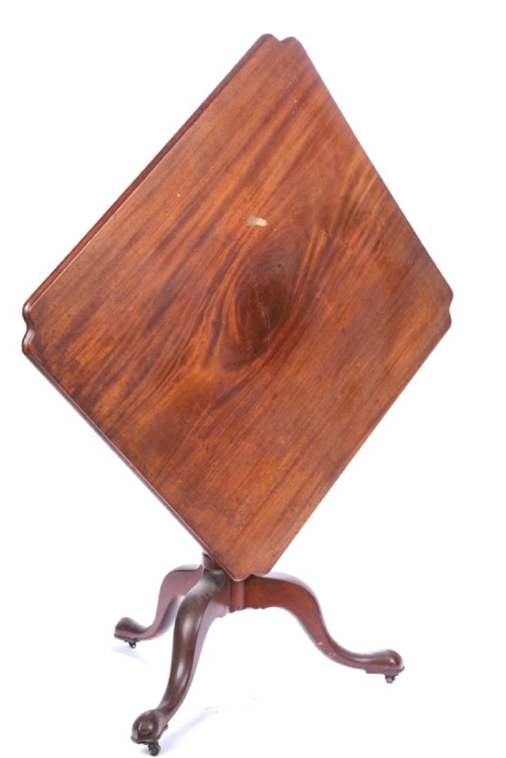 FEDERAL PERIOD TIP TOP TEA TABLE: Square molded top with clipped corners, turned column and cabriole legs. 25 x 31 1/2 x 31 inches (including castors)