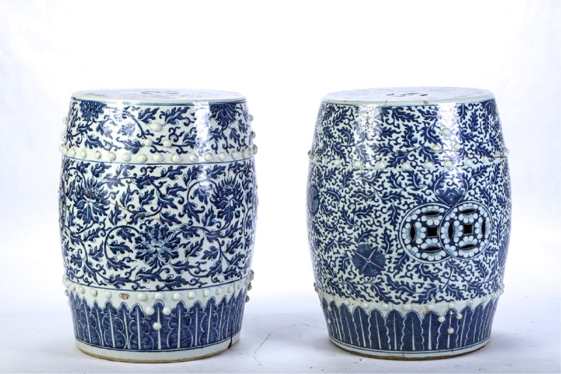 (2) SIMILAR CHINESE BLUE AND WHITE GARDEN SEATS: Each with all-over floral motifs. 19 inches
