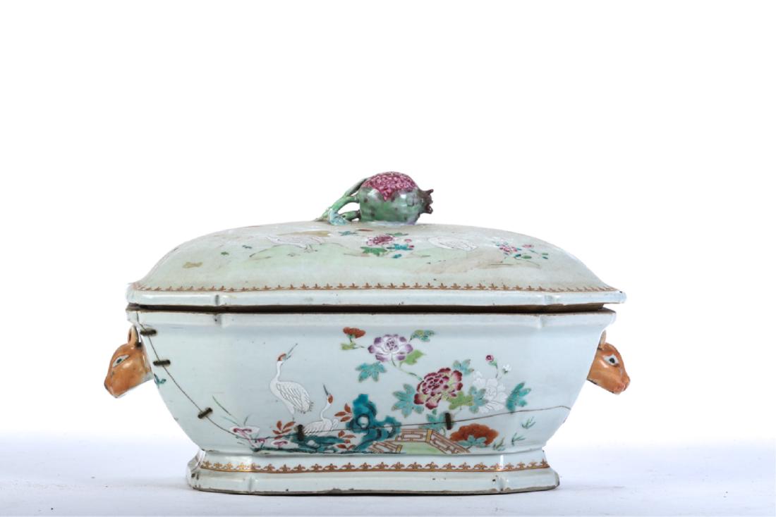 CHINESE EXPORT FAMILLE ROSES PORCELAIN SOUP TUREEN: Pomegranate finial and rabbit handles. Decorated with birds and flowers. 8 x 13 x 8 1/2 inches.