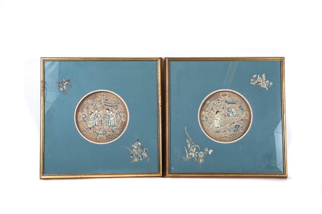 (2) FRAMED CHINESE SILK & GILT WIRE EMBROIDERIES: (19th c) panels Depicting court and garden scenes. Beautifully shadow box framed with embroidered remarks on silk mat. 20 x 20 inches (overall)