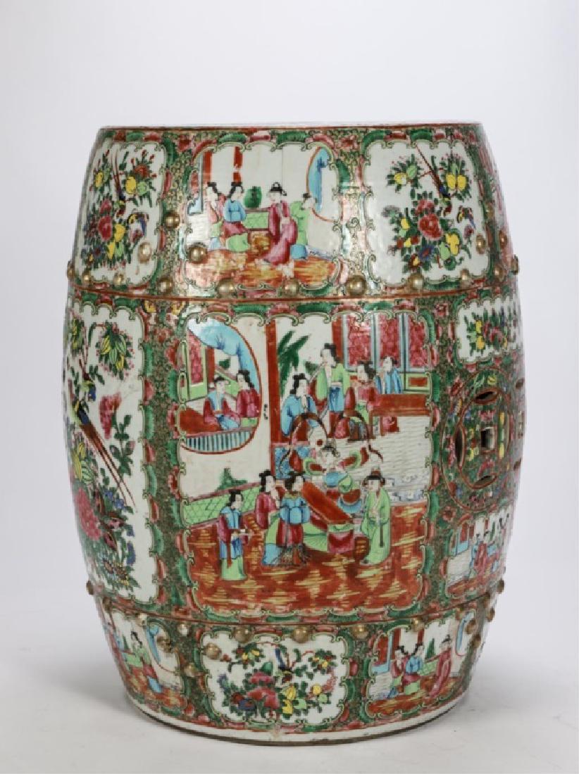 (19th c) CHINESE ROSE MEDALLION GARDEN SEAT: Pierced and decorated with court scenes. 19 x 14 inches.
