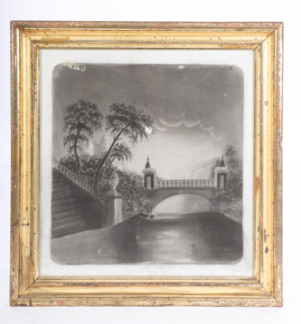 NOCTURNAL CHARCOAL DRAWING OF EUROPEAN VISTA: Charcoal and Chinese white on paper. 16 1/2 x 15 1/2 inches. unsigned. framed 21 x 20 inches (overall)
