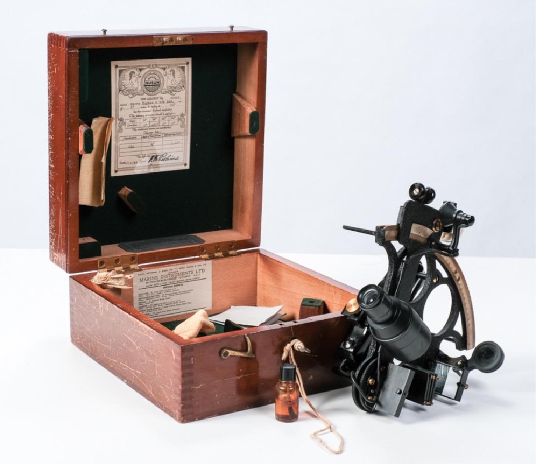 1945 HUSUN "HENRY HUGHES & SON LTD" SEXTANT: Micrometer sextant with box telescope and certificate. 6 x 10 1/4 x 10 1/2 inches.