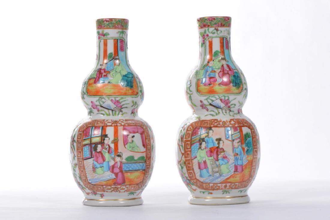 PAIR OF CHINESE ROSE MEDALLION DOUBLE GOURD VASES: 10 1/4 inches (each) unmarked.