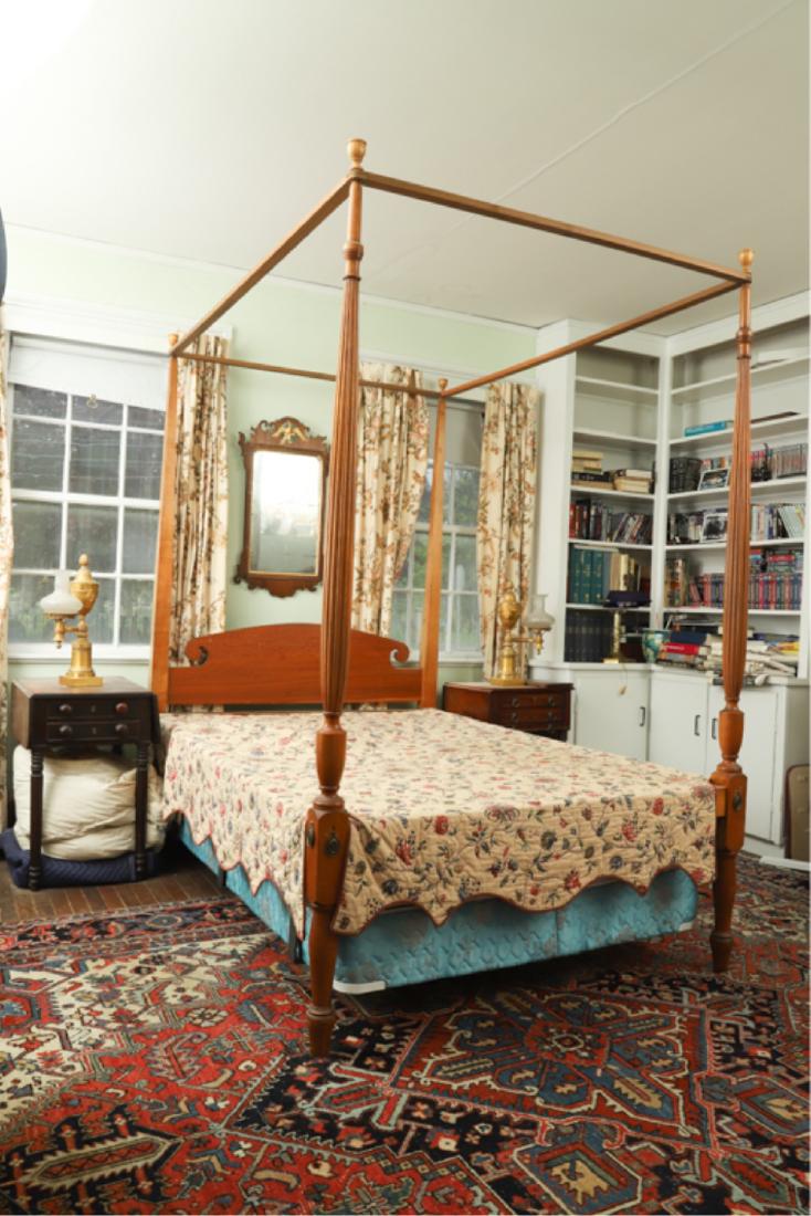 (18th c) FEDERAL FOUR POST BED: Turned and reeded maple Sheraton posts and shaped pine head board. 82 x 53 1/2 inches (headboard)