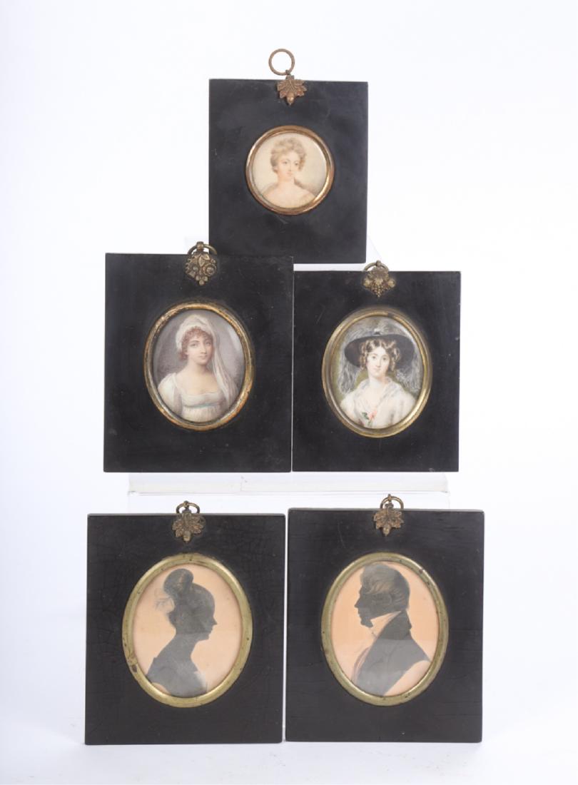 FIVE PORTRAIT MINIATURES: Including: M.W. and S.H. Jenks by "Segar" 1835 ink with gold and white highlights on paper, "Lady Peel" watercolor (unsigned, "Mrs. Storace" signed Staet ?watercolor, " and "Mrs. Denmore" watercolor u