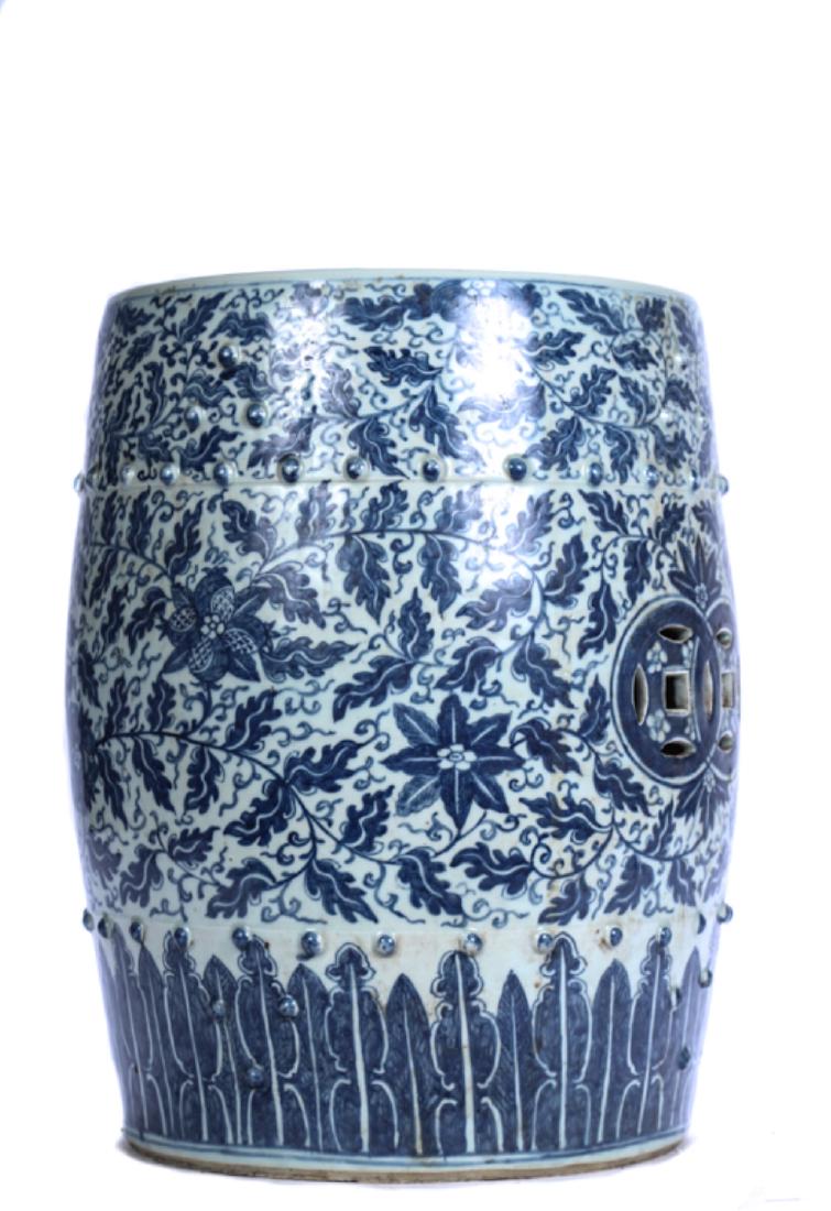 CHINESE BLUE AND WHITE PORCELAIN GARDEN SEAT: Pierce and hand decorated with all-over floral motif. 19 inches.