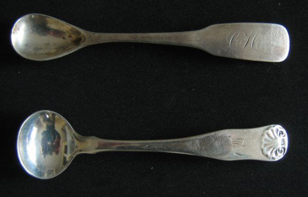 Two Coin silver mustard spoon: Coin silver mustard spoon, with the mark of David B. Nichols, Savannah, Georgia, ca. 1820-28. Master Salt Spoon - with shell on handle, beaded border, with script initials (worn) - E