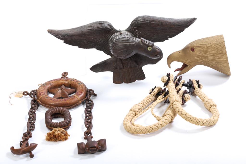 MARINE LOT CARVINGS KNOT WORK 4 ITEMS: This marine lot includes a carved eagle with glass eye 18". Wood carved head of an eagle with red tongue and eyes. Pair of knot work double beckets. Hand carved wooden whimsy life ring with star in ce