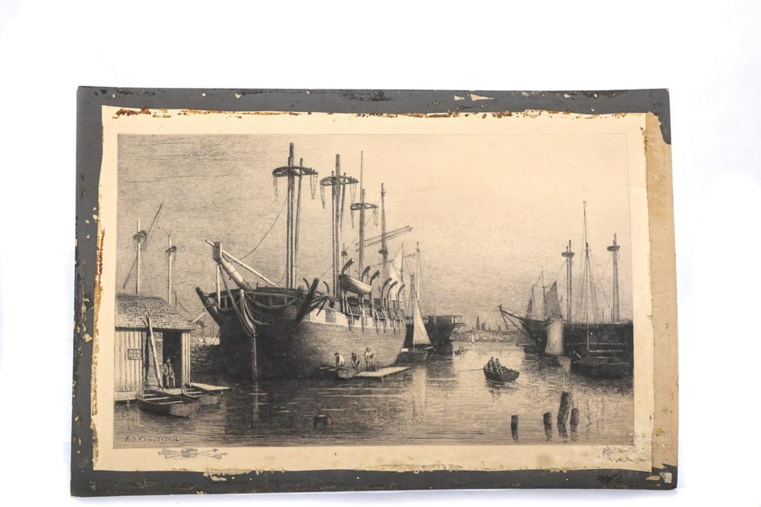 LEMUEL D. ELDRED (1848-1921): "Whaleships Rousseau and Desdemona at New Bedford Harbor, New Bedford, Massachusetts" etching 19 x 30 inches. signed illeg lower right. mounted to paper board 24 x 34 1/2 inches (overall)
