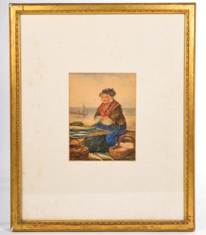 J. NELSON DRUMMOND (active 1882-1896): "Fish Vendor" watercolor 7 x 5 1/2 inches. signed 18 x 15 inches (overall)