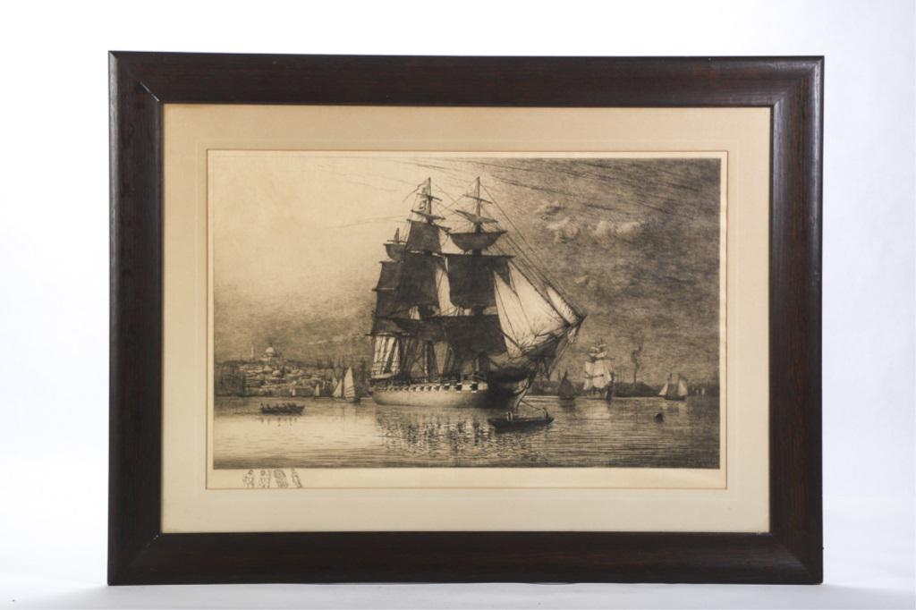 LEMUEL ELDRED (1848-1921): "Constitution in Boston Harbor" etching / engraving 19 1/2 x 30 inches. signed in print. framed 31 x 41 1/2 inches (overall)