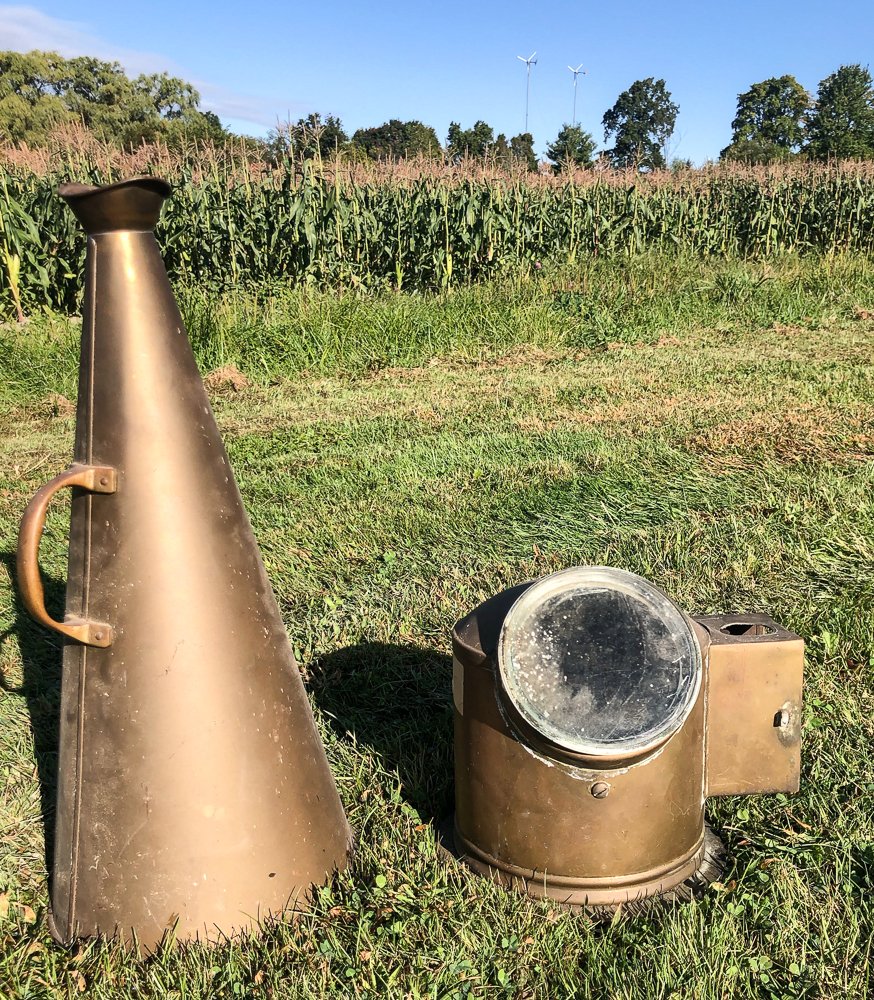BRASS SPEAKING HORN & LIFE BOAT BINNACLE: 1) Large hand held speaking horn. 2) Brass life boat binnacle, missing parts.