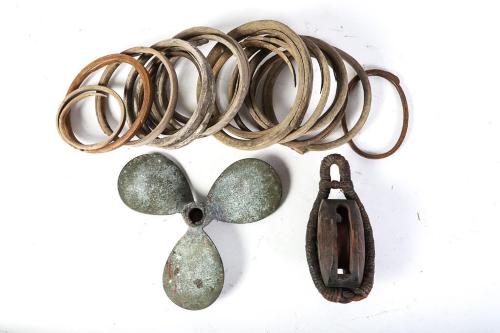 LOT 3 ITEMS: Lot 4 items inc 14 wooden mast hoops, 8" in dia. 2) Brass propeller 12" dia. 3) Ship's single block wooden sheave and served.