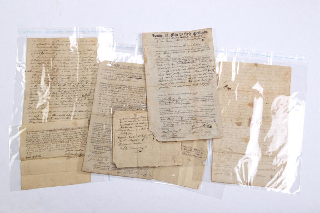 LOT OF 18th c LAND DEEDS of DARTMOUTH and WESTPORT,: Documents include Land deeds. 1) Deed dated 8 Dec. 1775. 2) 7 March 1797, deed $75. 3) Jacob Chase 1 pound 7 shillings land deed. 4) wood lot 6 Feb. 1766. 5) Printed deed 27 March 1775. 6) Deed dated 