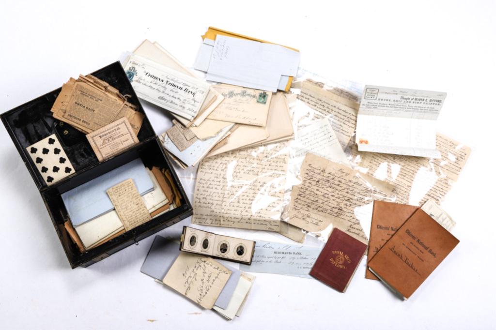 WILLIAM AND CHARLES TUCKER RELATED EPHEMERA: Large lot of ephemera mostly relating to the William and Charles Tucker family as well as other individuals. Wills, land transactions, personal correspondants, small photo album with tin types, cemeta