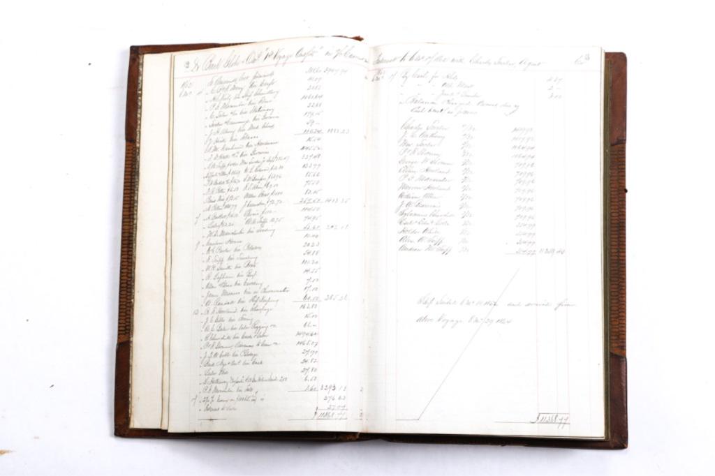 19thc WHALESHIPS "NAPOLEON" "MARY FRAZIER" LEDGER: Large account of Frederick Tucker regarding disburstments of payments for sale of whale oil, lists of expenses. Whale ships and owners from 1862 to 1871. Agent Charles Tucker, Bark Globe, 3 voyages to
