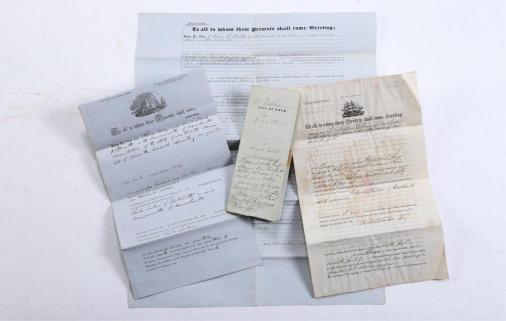 FOUR WHALE SHIP BILLS OF SALE "MATILDA SEARS", ETC: Lot of 4 whale ship bills of sale to Charles Tucker. 1) Globe March 1862. 2) Matilda Sears 1865. 3) Bk Kathleen 1855. 4) from A.R. Tucker to Charles Tucker for the ship Brunswick.Nov. 1851. 4 DOCUMENT