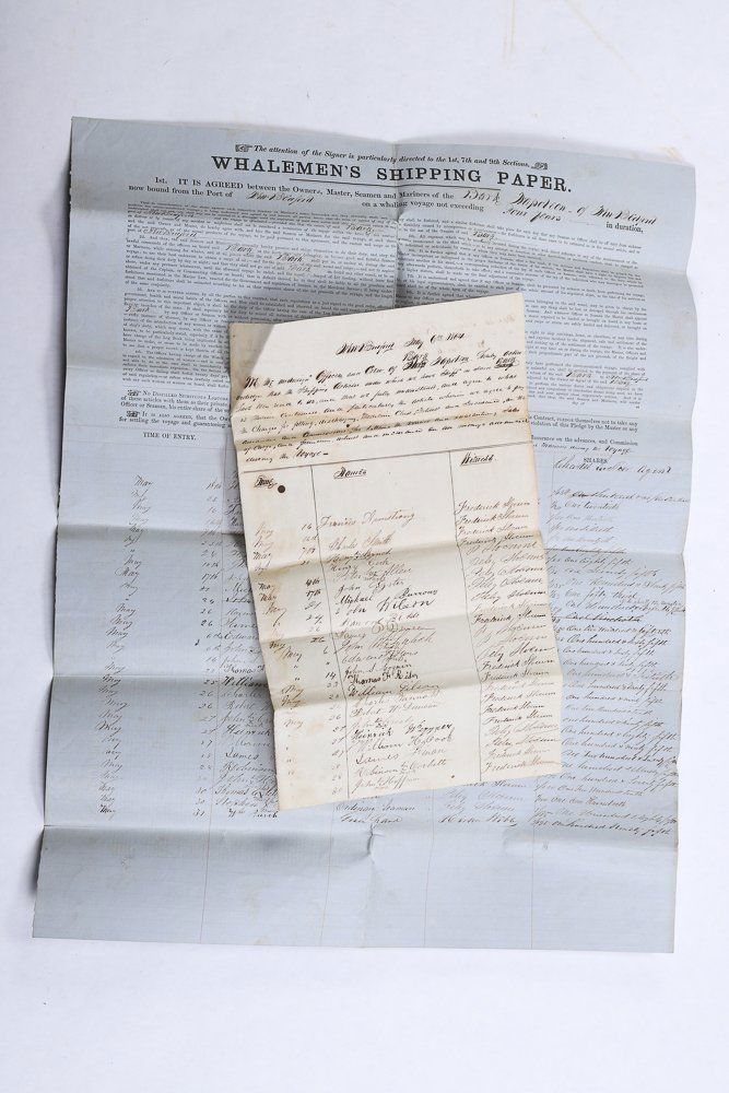 1864 VOYAGE FOR WHALESHIP "NAPOLEON" DOCUMENTS: 2 additional items of the Charles Tucker and whale ship NAPOLEON including the hand written version of the 'crew list' as well as the official document. Both are for a earlier voyage, 1864. Provenance