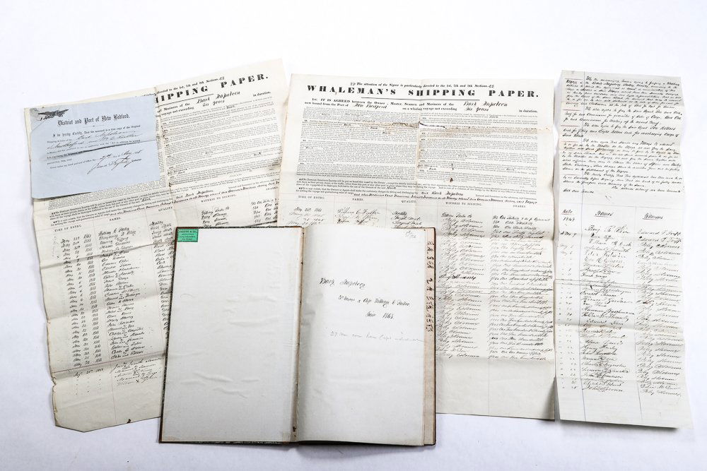 (19th c) WHALESHIP "NAPOLEON" DOCUMENTS: Lot of documents pertaining to Charles Tucker and the whale ship NAPOLEON. Including the account book of Bark Napoleon - 2nd Voyage Capt. W. Duffer 1868. Contains a listing of crew members accounts an