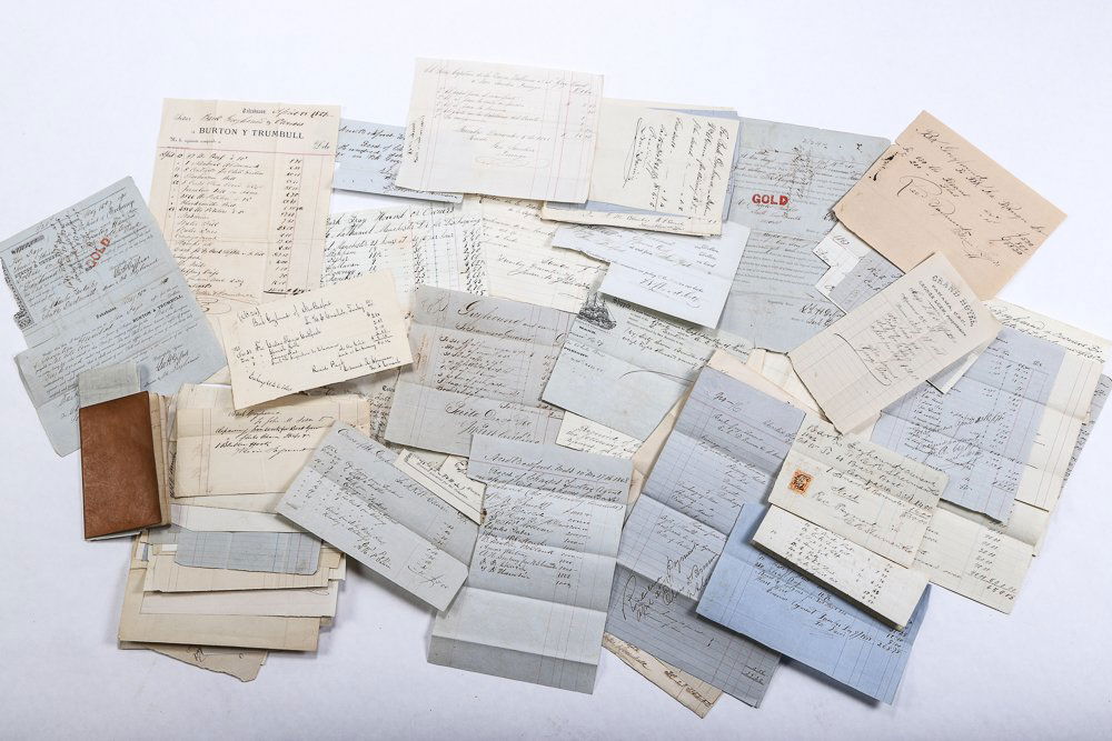 DOCUMENTS PERTAINING TO BARK "GREYHOUND": Misc. lot Charles Tucker & the Bark GREYHOUND. Numerous documents, such as Payments for deserters, bank checks, receipts for stores, several notes required gold payments. Interesting document rearding