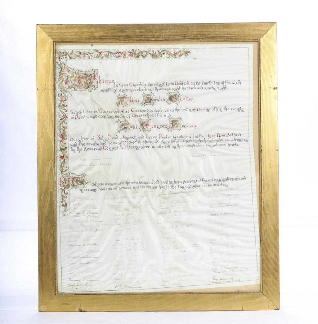 FRAMED TUCKER-DENISON QUAKER MARRIAGE CERTIFICATE: Colorful framed Marriage certificate. Arthur Tucker son of Charles Tucker - Jane Denison daughter of John Denison June 4, 1898. Provenance: Tucker whaling family of New Bedford, MA.