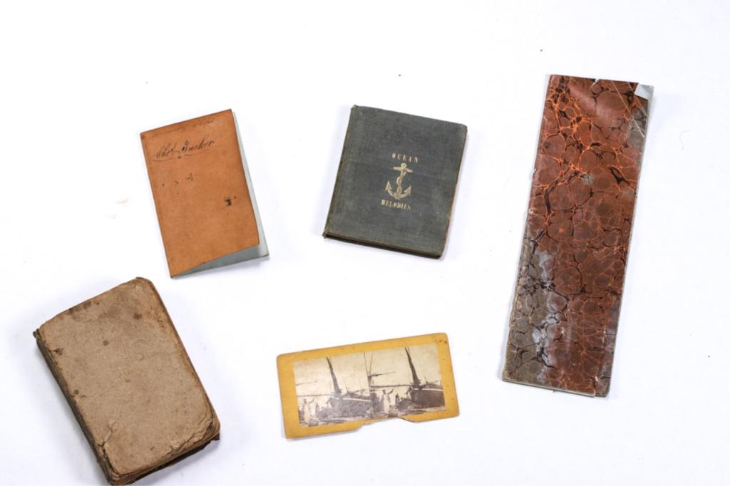 TUCKER FAMILY SHIP ACCOUNTING BOOK & THREE OTHERS: Lot 4 books, 1) Ocean Melodies. 2) Early book titled Voyage to the South Seas. 3) Account book of Charles Tucker, listing an account of ships he owns, 1850-1860's. 4) Thin account book with few entrie