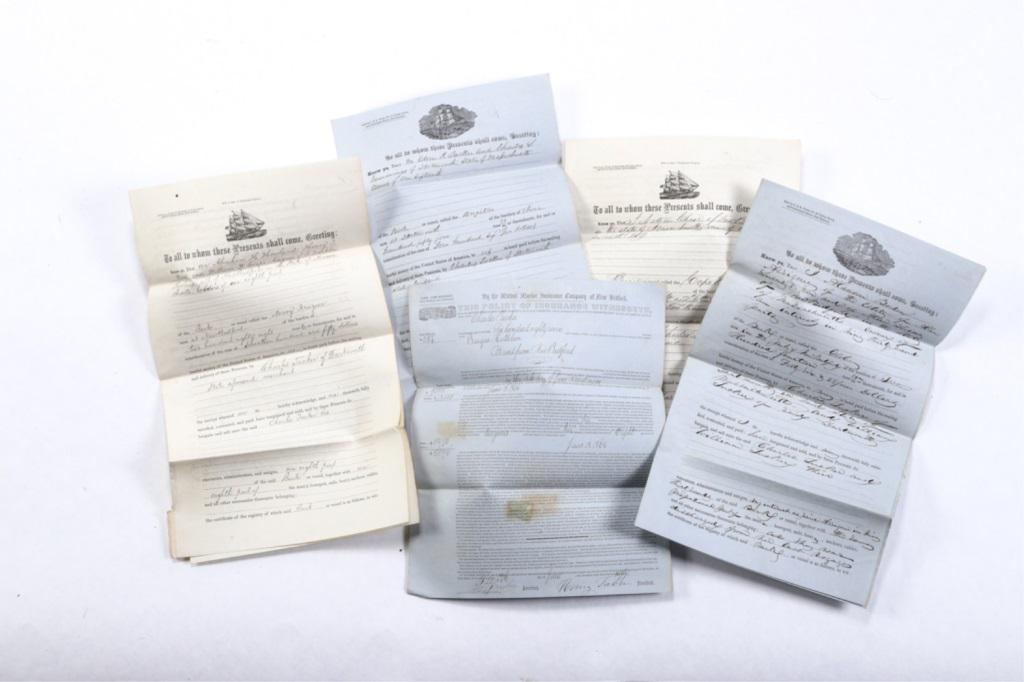 BILLS OFSALE BARKS BRIGHTON, MARY FRAZIER, ETC: Lot of 5 bills of sale for the following vessels. 1) Bark Brighton 1855 from 1 owner to C. Tucker. 2) Bark Mary Frazier to Charles Tucker. 3) Barque Kathleen and whaling outfits to Charles Tucker. 4)