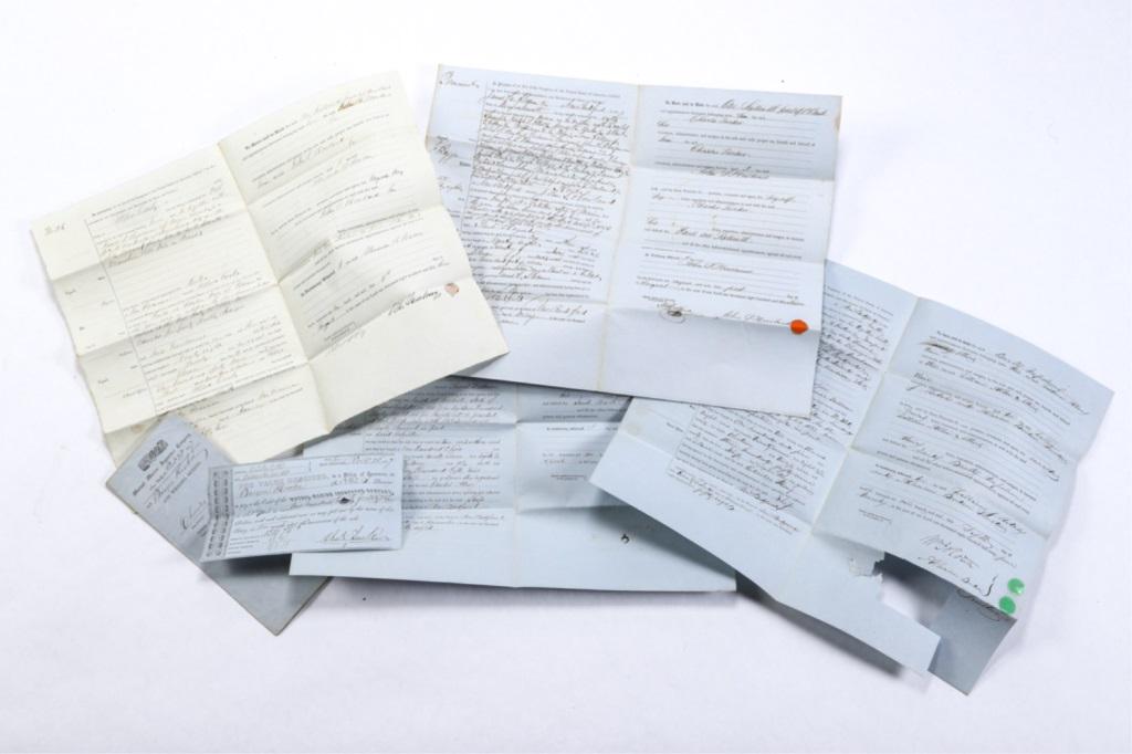 BILLS OF SALE WHALE SHIP "NAPOLEON", "KEOKA" ETC: Lot of whaleship bills of sale. Bark Napoleon to William Allen - From Wm Allen to Charles Tucker. 2 BOS for the BK Keoka and 1 insurance for Whaling outfits for the Keoka. 5 ITEMS. Provenance: Tucker