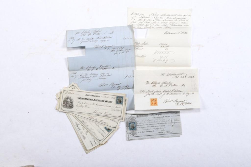 19thc WHALING STEREOVIEWS, STAMPED MARITIME CHECKS etc: Misc. grouping includes 12 stereo card photographs of simulated whaling scenes by Charles H. Shute & Son.18 bank checks each with rev. stamps, each with vignettes and signed by Charles Tucker. 3 hand