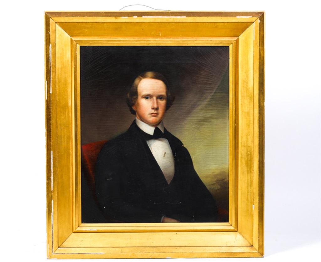 PORTRAIT OF CHARLES TUCKER b 1809 NEW BEDFORD WHALING: Oil on canvas 30 x 25 inches. unsigned. presented in its original lemon gold frame. 41 x 36 inches (overal). Attribution of sitter is based on the age of the sitter at the time of his marriage to Dorc