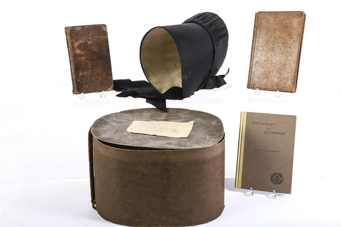 QUAKER BONNET, POWER OF RELIGON & YEARLY MEETING: Linen lined silk bonnet with its original banded hat box. "The Power of Religion on the Mind" New Bedford printed by Abraham Shearman June 1799 232pp. hardcover leather bound, "Rules of Discipline of