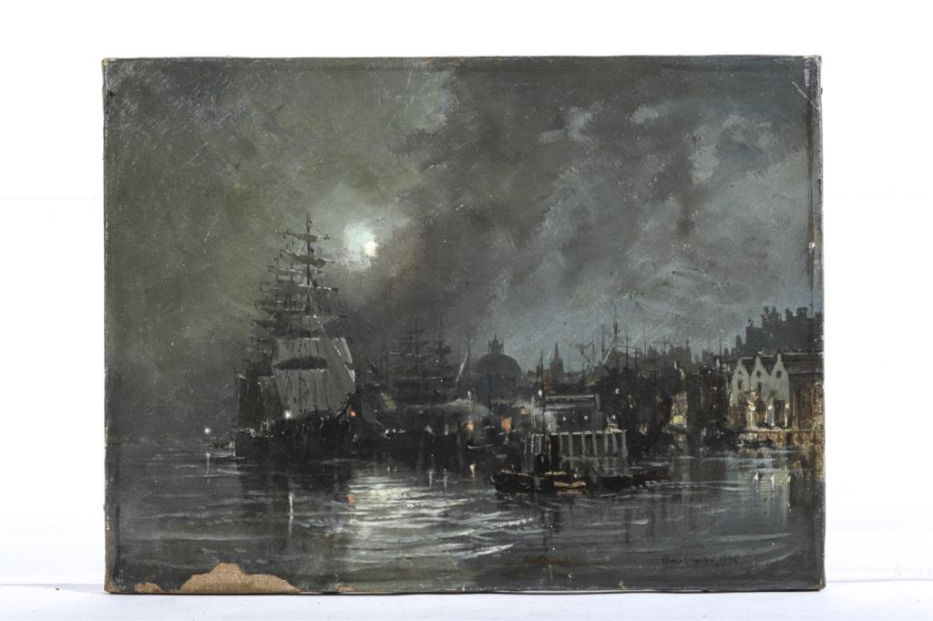 NOCTURNAL HARBOR SCENE in MOONLIGHT: EnglIsh School (19th c) oil on canvas 12 x 16 inches. signed Atkinson Grimshaw. 1885. framed. 16 1/4 x 20 1/4 inches.
