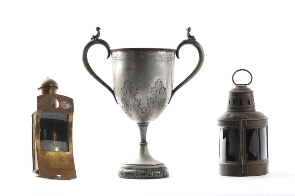 THREE MARINE ITEMS, TROPHY, LIGHTING.: 1) Trophy engraved "PATRICK GAZETTE TROPHY - VICTORIA M.Y. CLUB - 1912 --" 5 other trophy winners from 1915 - 1919. 14" tall. 2) Binnacle lamp made of brass. 3) Mast light in brass, missing light sour