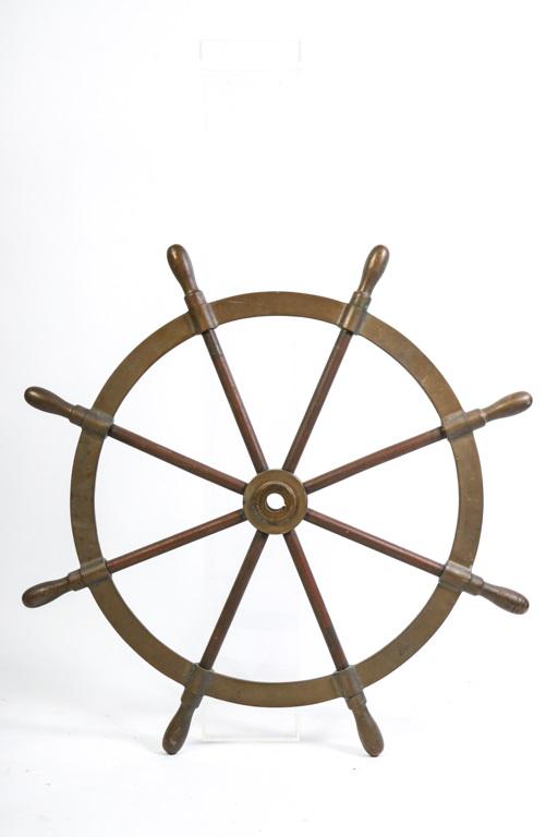 EIGHT SPOKED BRASS SHIP'S WHEEL: 42" in diameter