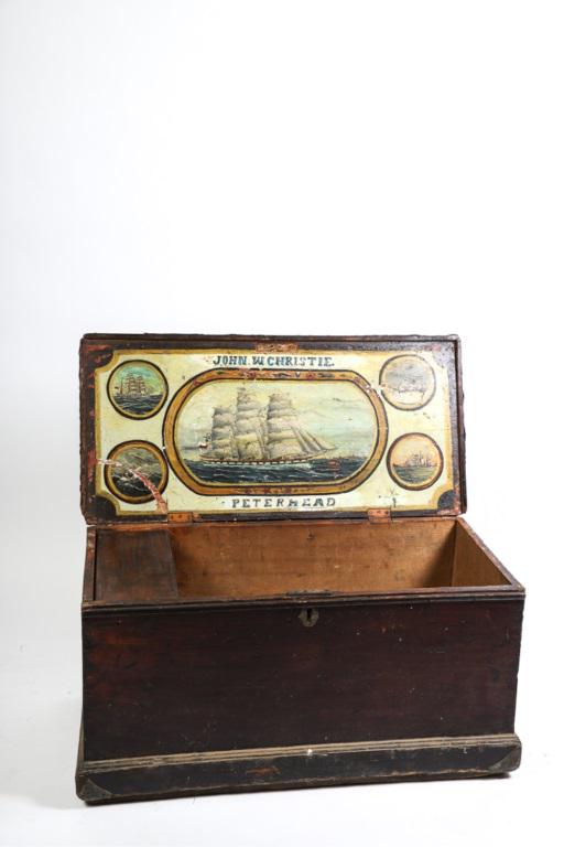 LEATHER TOP WORK CHEST W/ PAINTED NAUTICAL SCENES: Marked "John w. Christie" and "Peterhead" 36" X 18" X 18".