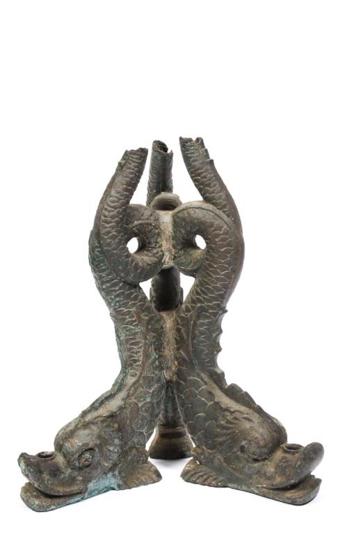 DOLPHIN FORM TABLE BASE: BASE, 3 dolphin footed base. 22" X 19". Top is jagged,