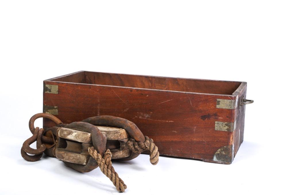 TWO LARGE BLOCKS W/ BRASS BOUND BOX: 2 large wooden blocks with wooden sheaves. Blocks are arranged together.Each block is 20" and together 40"