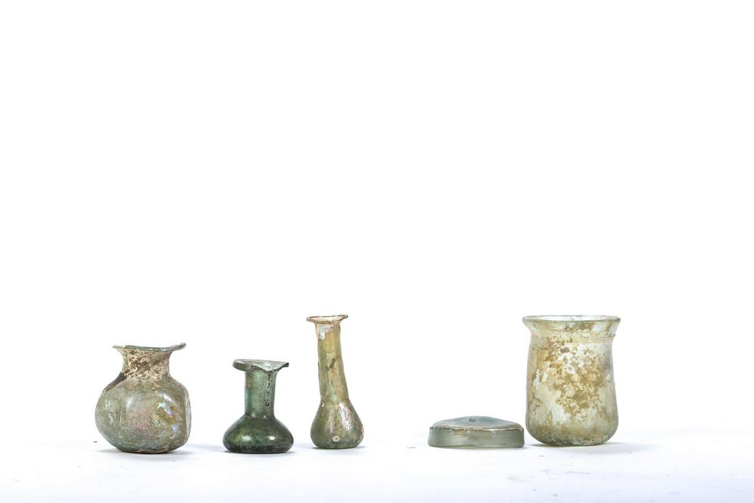 (5) ANCIENT ROMAN GLASS OBJECTS 1st-2nd century AD: Including: (3) Small vases, (1) Jar and (1) Cap. 3 inches (and smaller)