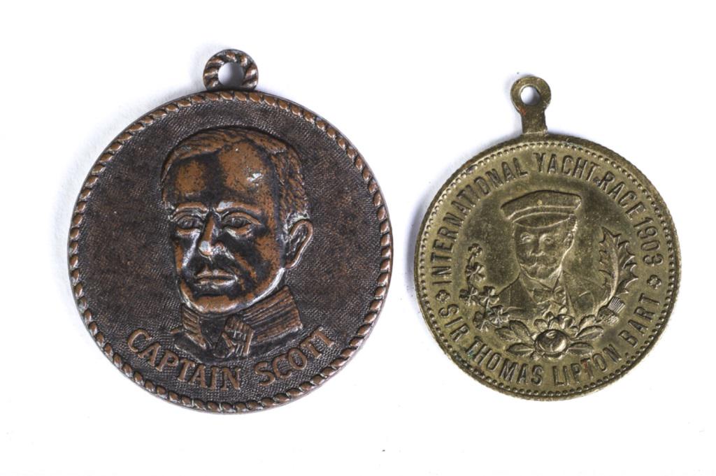 THOMAS LIPTON & CAPTAIN SCOTT YACHTING MEDALS: Including: "International Yacht Race 1909 ' Thomas Lipton, Bart / Good Speed to Shamrock" 1 inch. "Captain Scott The Discovery" 1902. 1 1/8 inches.