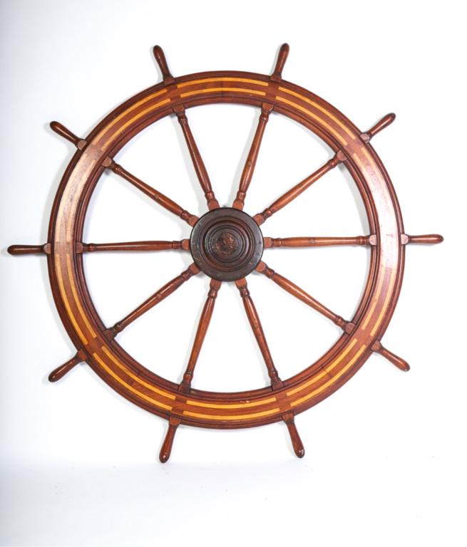 LARGE WOOD SHIP'S WHEEL INLAID with MAPLE: With double banded inlay decoration and turned spokes. 6 feet from handle to handle.
