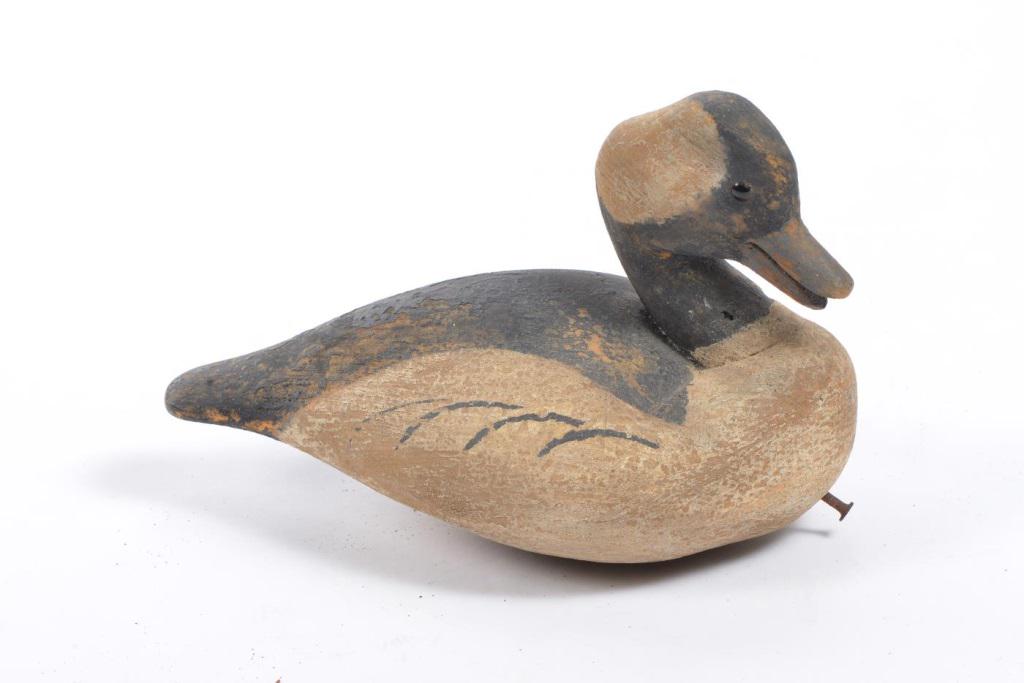 CARVED AND PAINTED BUFFLEHEAD DECOY SIGNED: "Swimmer" (Early 20th c.) , glass eyes. embossed C.V.W. above lead weight. 6 x 8 1/2 x 5 inch.