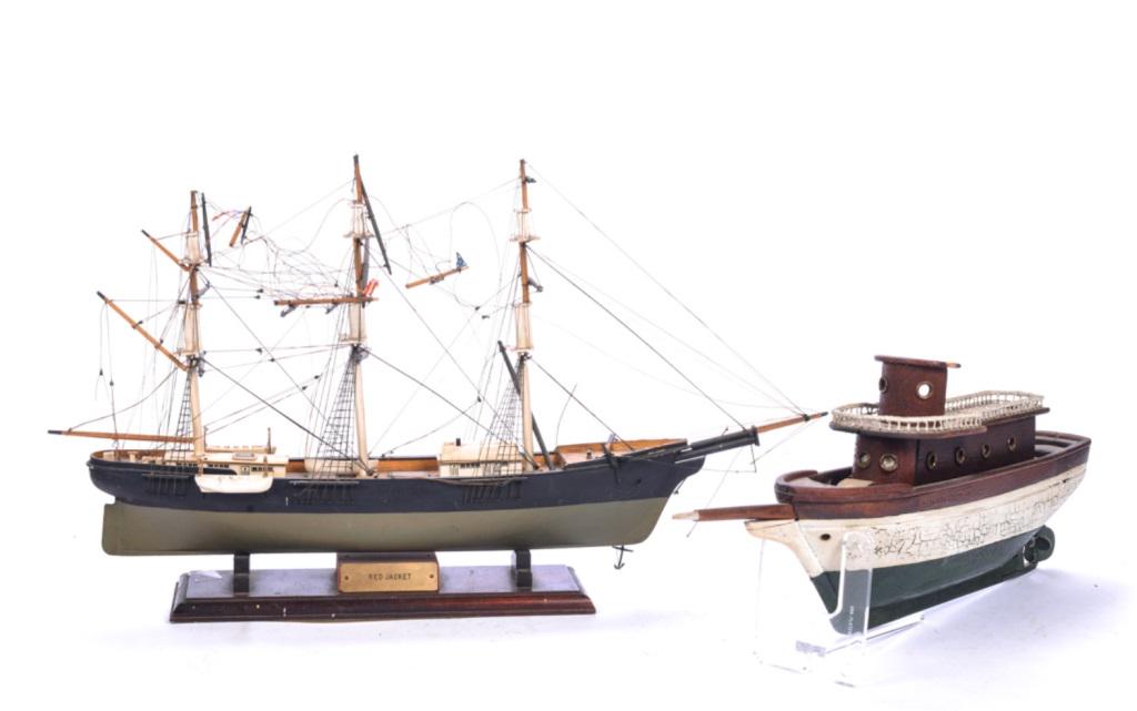 TWO SHIP MODELS, YACHT & "RED ROVER": 1) small yacht in green, white and clear paint. Steering helm is detached. 2) Kit model of the Red Rover