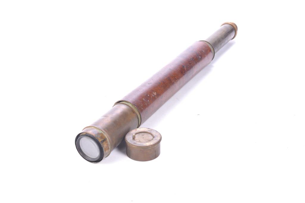 "BARDOU & SON-PARIS-JOHN HAND & SON CO" SPYGLASS: Solid brass single draw telescope. Sea captain telescope is 34" long, extended. Leather covering is loose. Engraved on the draw tube "Bardou and Son - Paris - John Hand and son Co. Philadelphia".